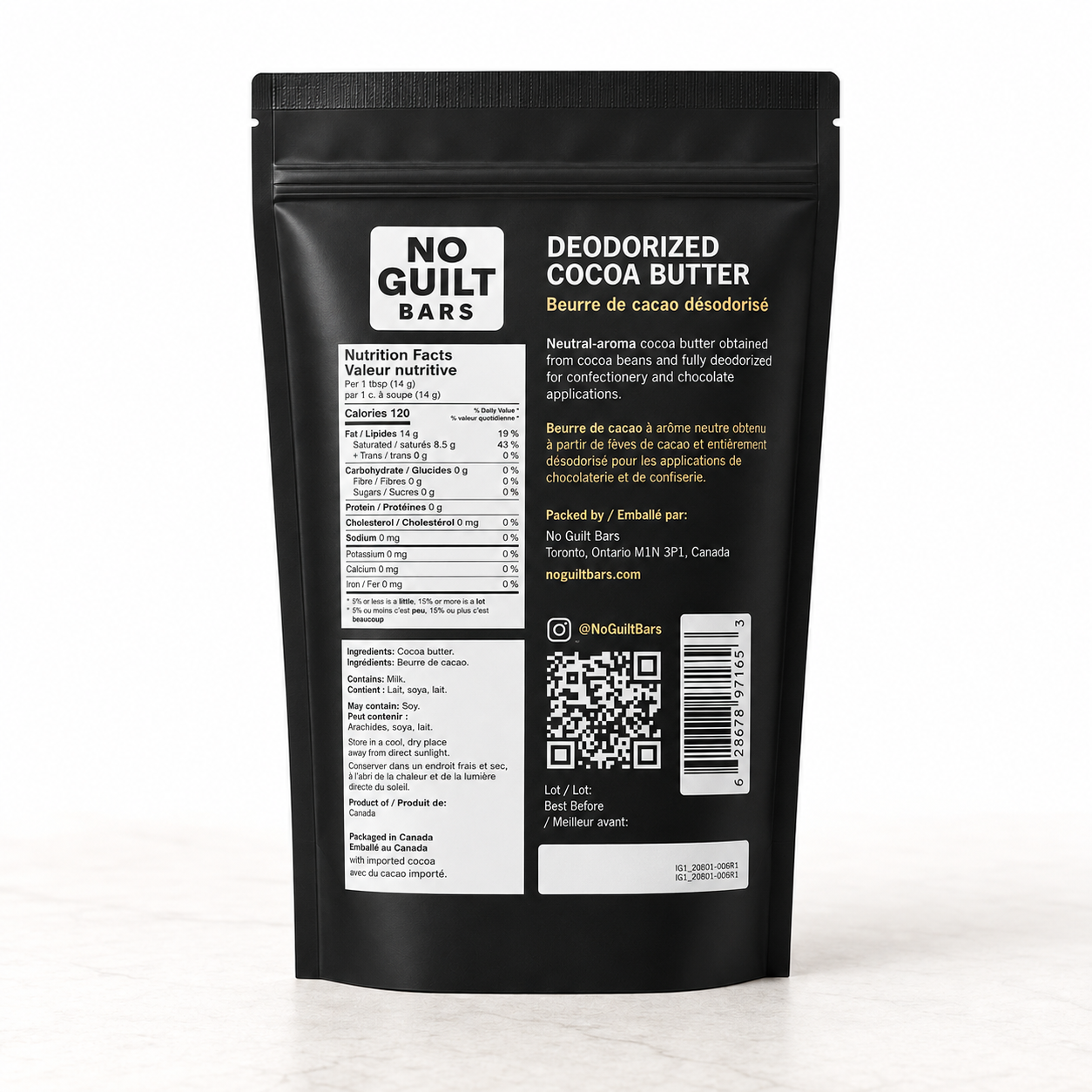 Back of No Guilt Bars deodorized cocoa butter 1 kg pouch with bilingual ingredient and nutrition label