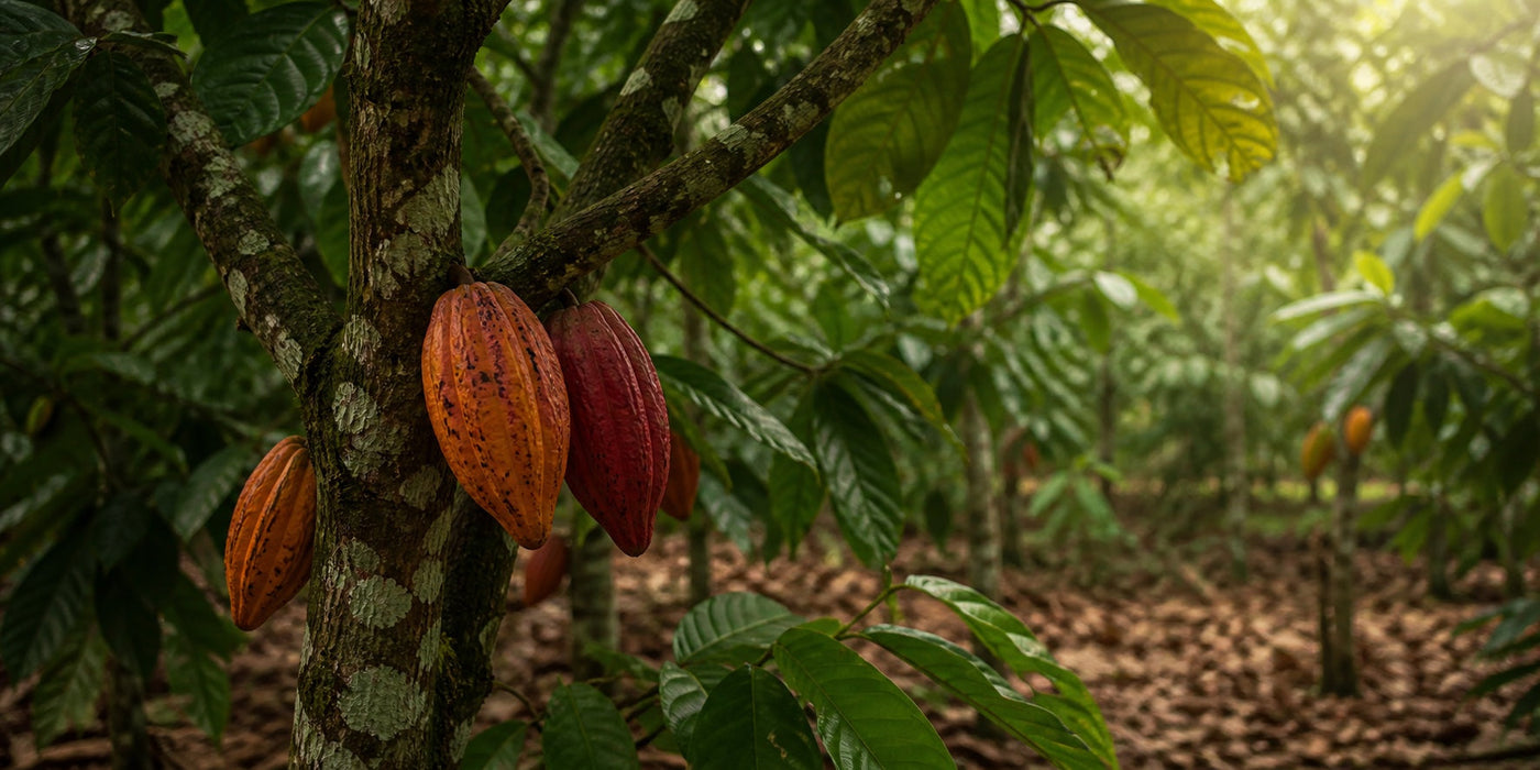 Ripe cacao pods growing on the trunk of a cacao tree in a shaded grove