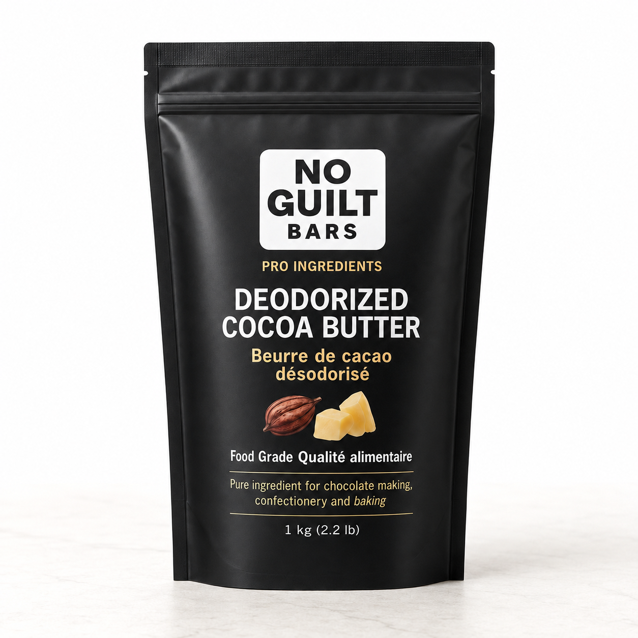 Front of No Guilt Bars deodorized cocoa butter 1 kg resealable pouch